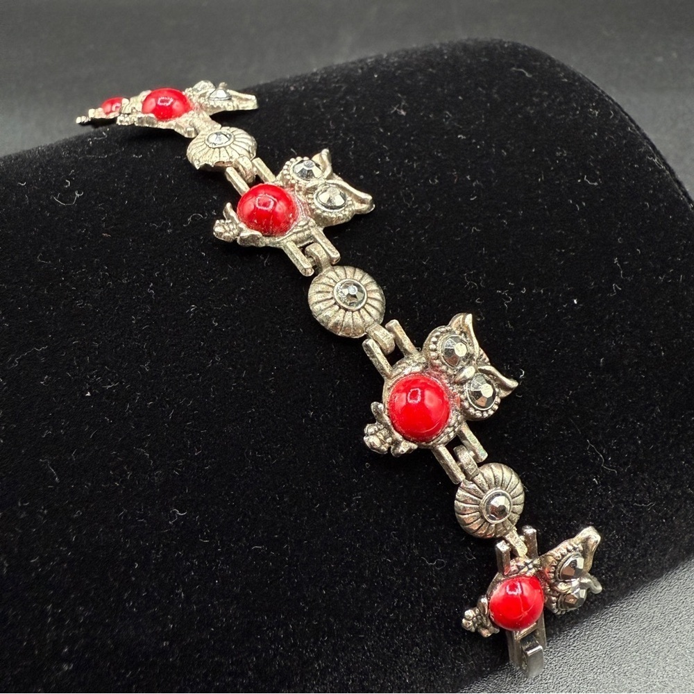 Owl Bracelet with Red Accent Beads and Sparkly Grey Rhinestones 6in